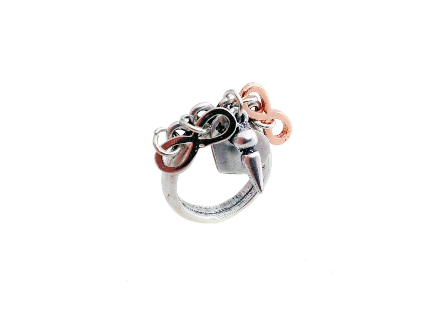 Gold and Silver plated brass ring with silver, rose gold infinity charms, pointed studs and logo engraved.