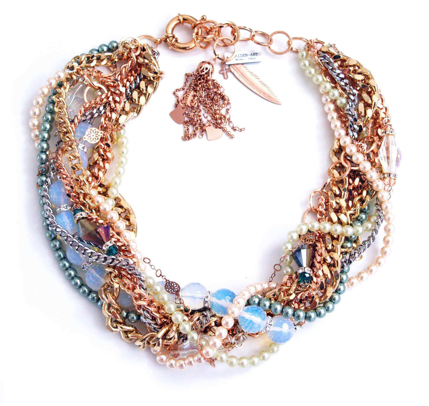 Gold Statement Necklace with Opal Stones, Pearls and Crystals