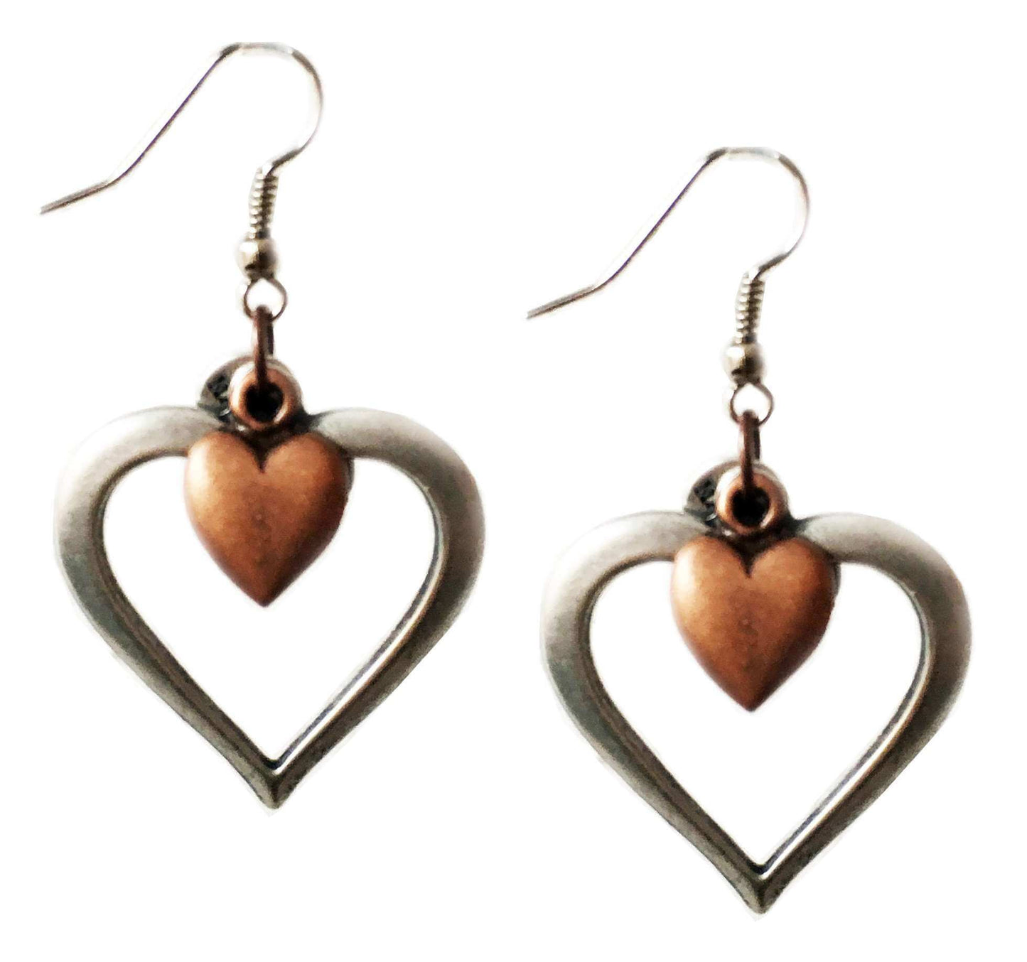 Heart cluster earrings in brass and silver. Perfect for valentines day, valentines day gift, gift for her.