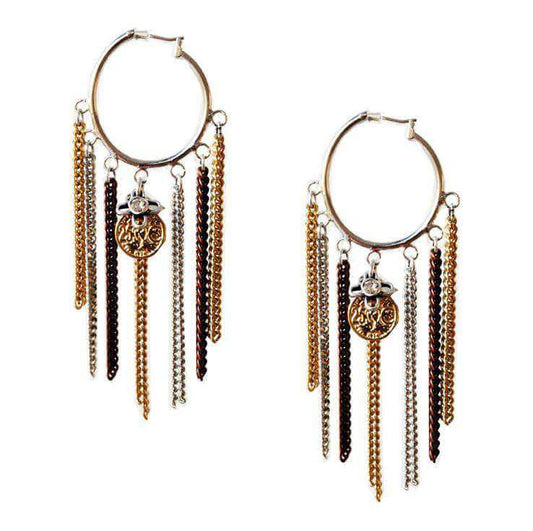 Hoop earrings with fringes, chains, charms and burnished gold. Contemporary jewellery, Boho earrings