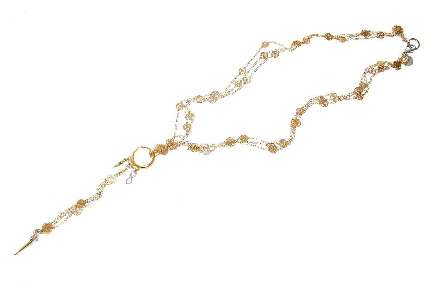 Lariat necklace with studs and gold flower chains