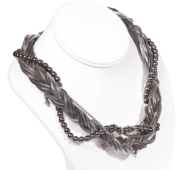 Multistrand silver necklace with black pearls and rhinestones.