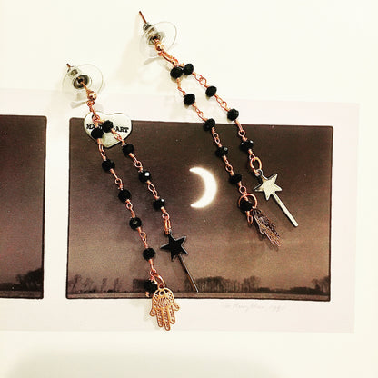 Rosary Earrings with Magic Wand and Hamsa Charms