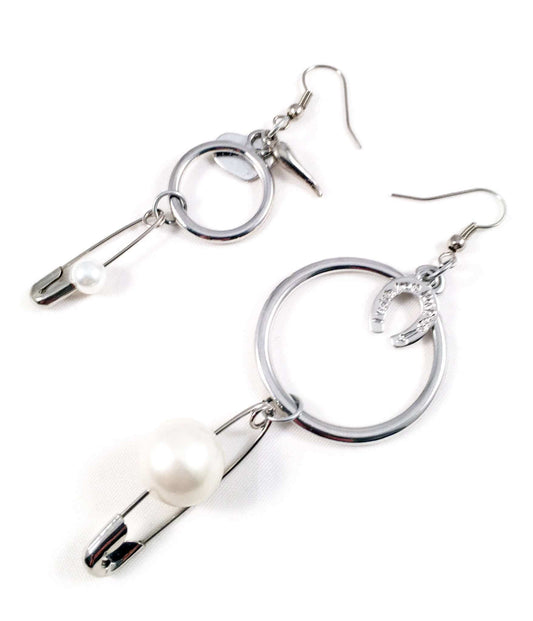 Silver safety pins and white pearls hoop earrings. Perfect for parties, summer time and gift for her.