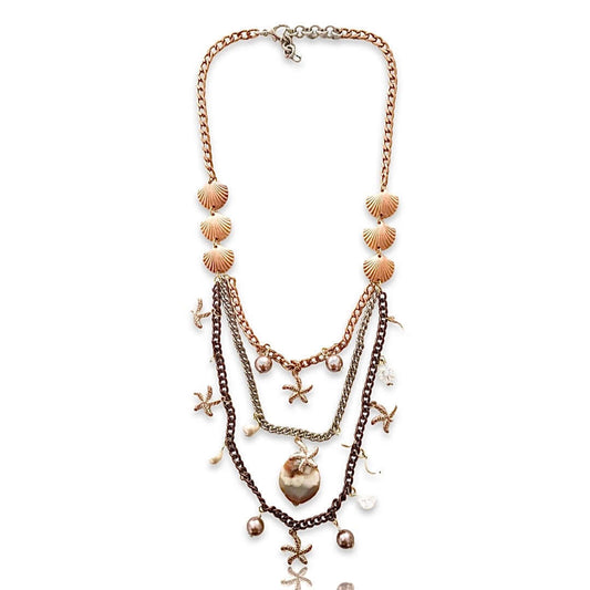 Statement Necklace with Shell, Starfish Charms, Agate Stone, White Agate and Pearls