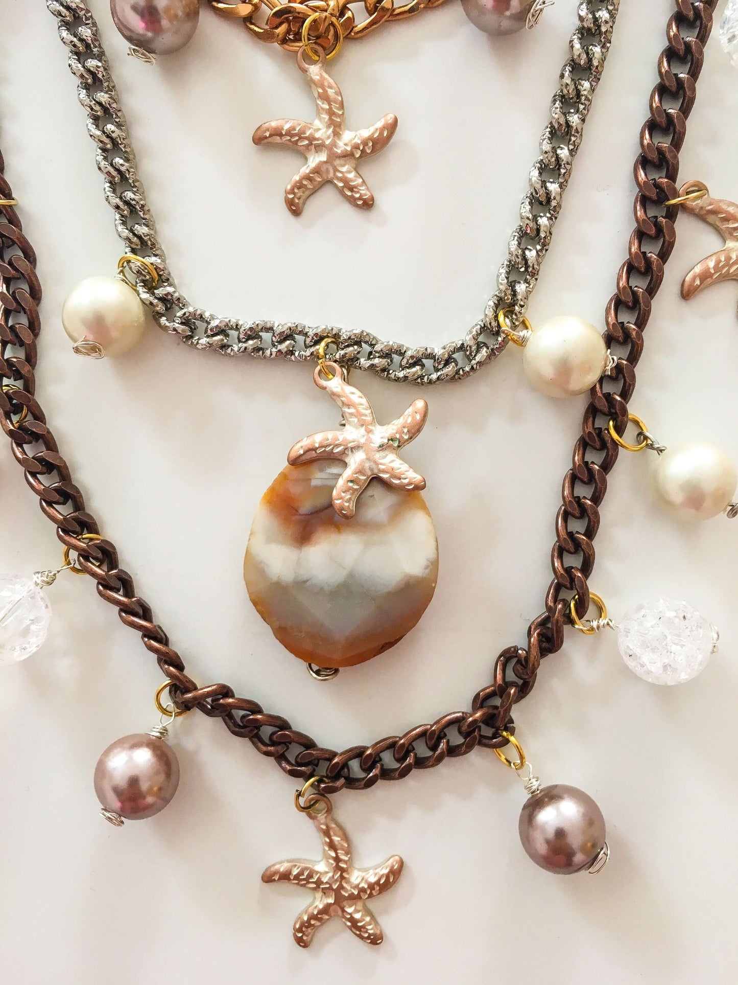 Statement Necklace with Shell, Starfish Charms, Agate Stone, White Agate and Pearls