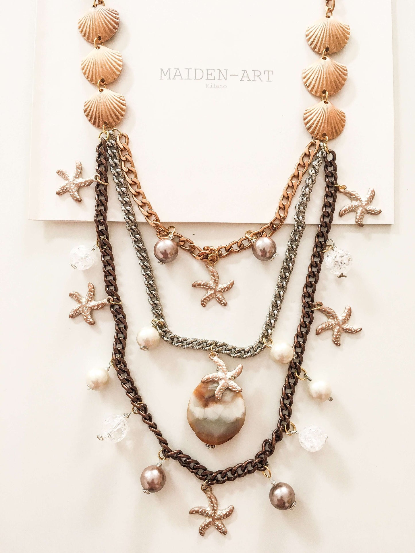 Statement Necklace with Shell, Starfish Charms, Agate Stone, White Agate and Pearls