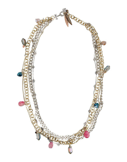 Stylish Necklace made with rows of silver-plated and rose gold-plated chains and features pretty blue and pink bead detailing.