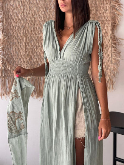 Boho Helen Dress, Long Organic Cotton Slit Summer Dress