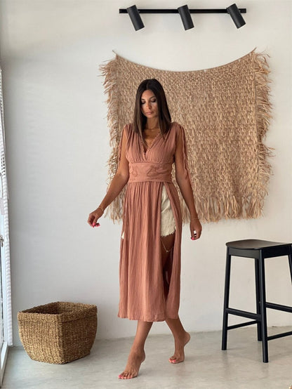 Boho Helen Dress, Long Organic Cotton Slit Summer Dress