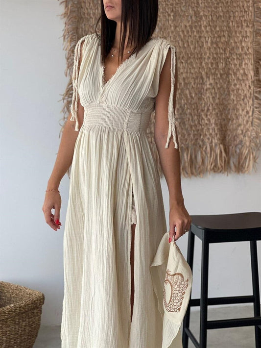 Boho Helen Dress, Long Organic Cotton Slit Summer Dress