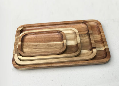 [ Set of 3 ] Zavis Green Acacia Wood Serving rectangle Stackable Tray / Dish 12" X 8" | Dishwasher Safe