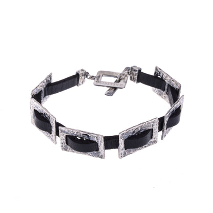 Hammered Silver Chain and Black Leather Bracelet Men