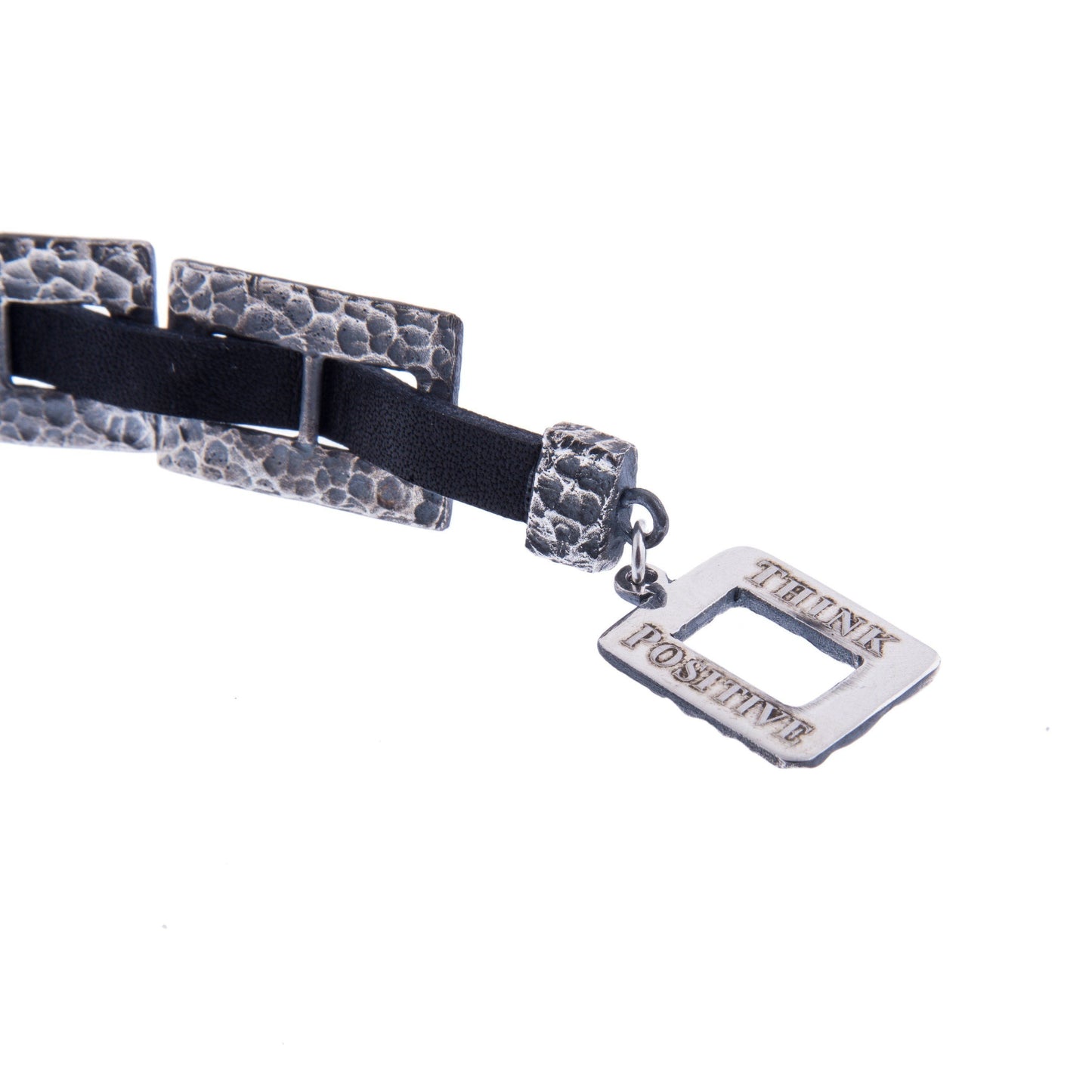 Hammered Silver Chain and Black Leather Bracelet Men