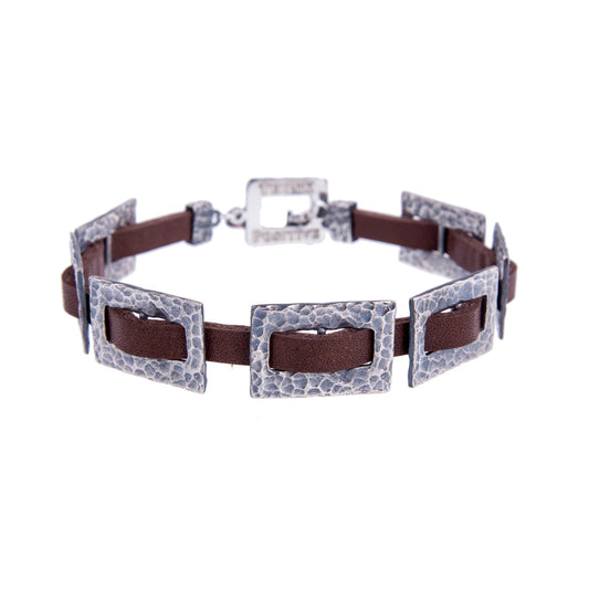 Hammered Silver Chain and Brown Leather Men Bracelet